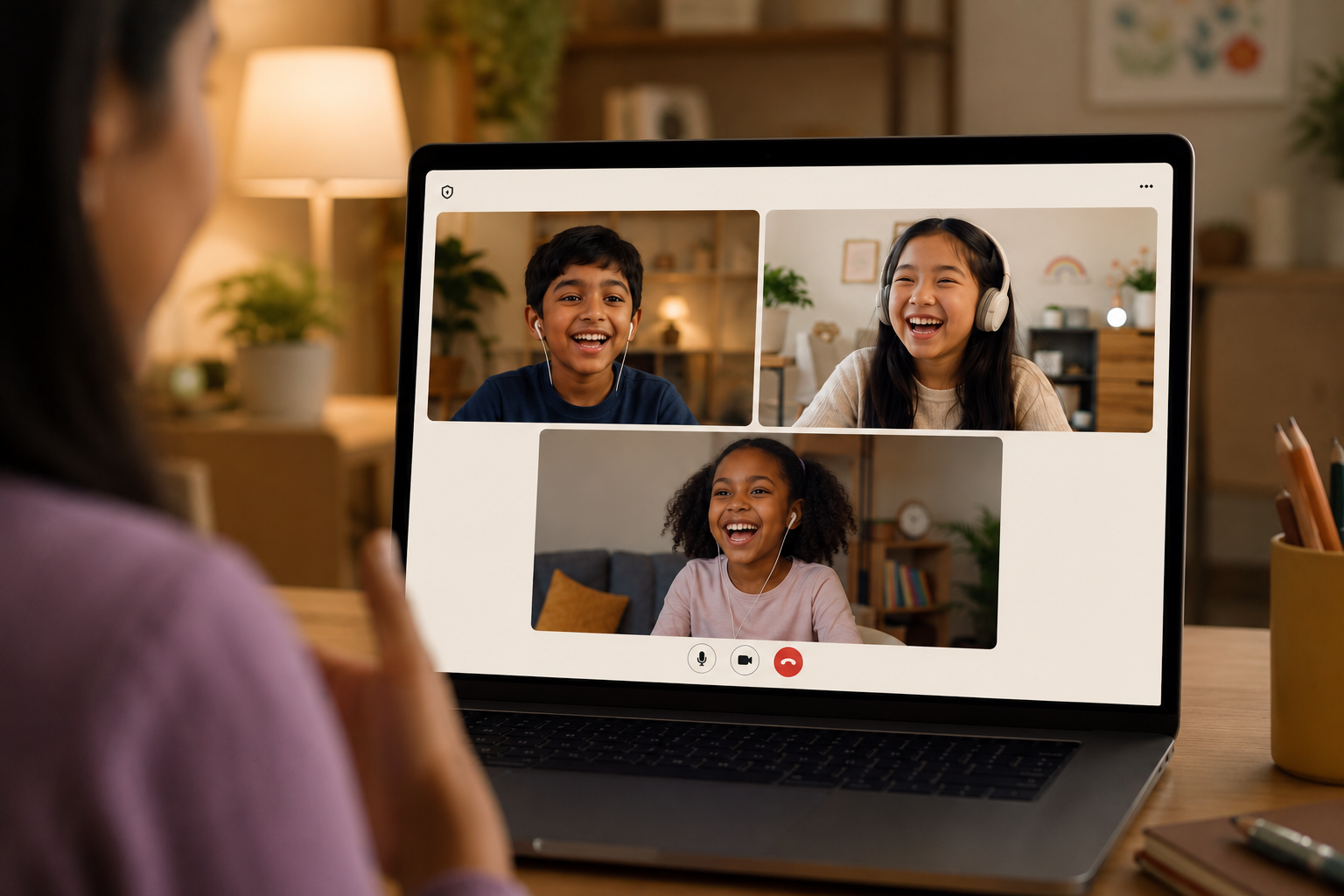 Three children laughing together in a live HOSS online class