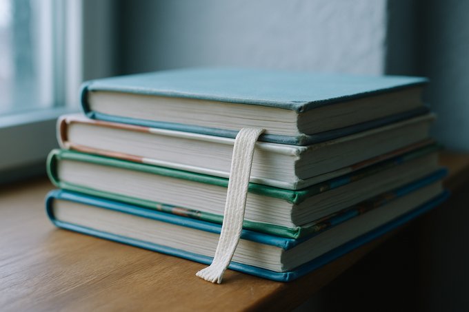 A small stack of picture books with a cloth bookmark hanging out, on a wooden shelf in soft window light