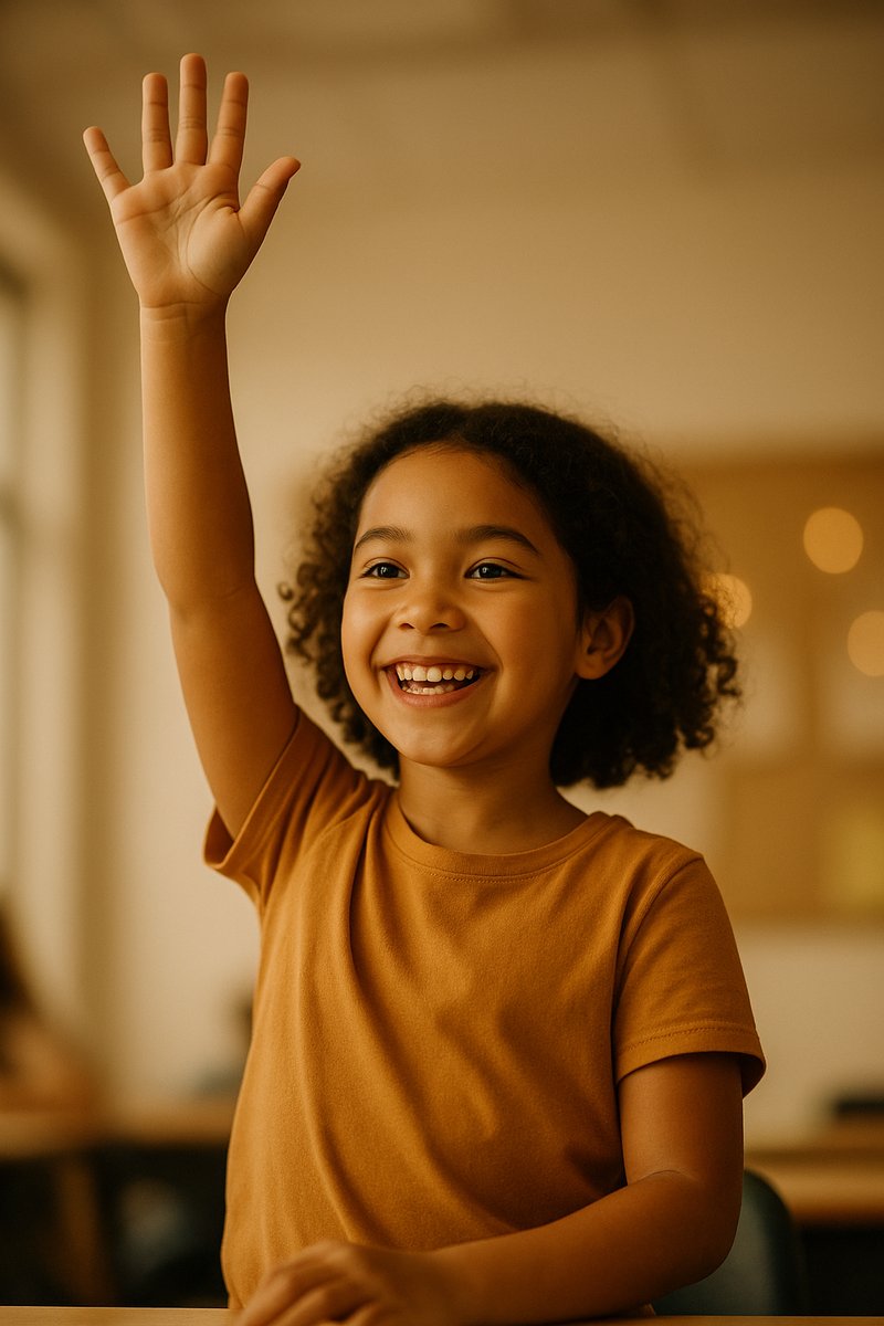 Confident child raising hand in class — the skills school doesn't grade