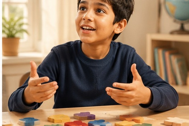 Overhead view of a half-assembled wooden jigsaw puzzle on a table, scattered pieces around the edges, a child's hand reaching for the next piece