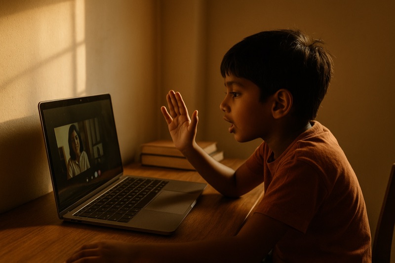 A child at a home desk engaged in an online class, leaning forward with hand raised, speaking to the screen