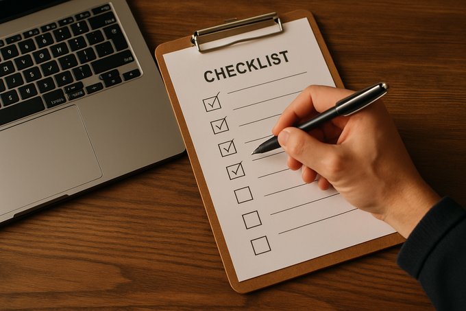 A parent's hand ticking boxes on a printed checklist next to a laptop keyboard on a wooden desk