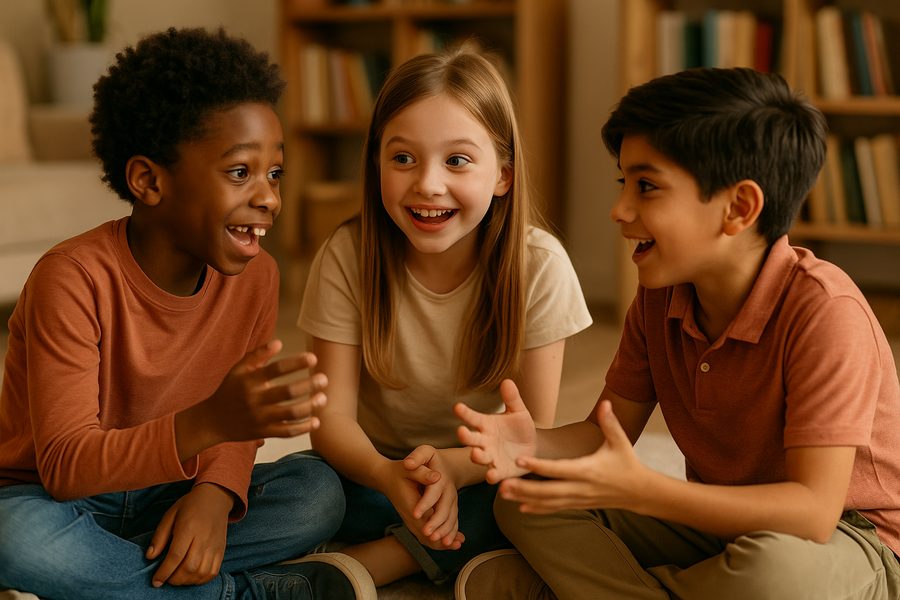 Three diverse children discussing ideas together at HOSS