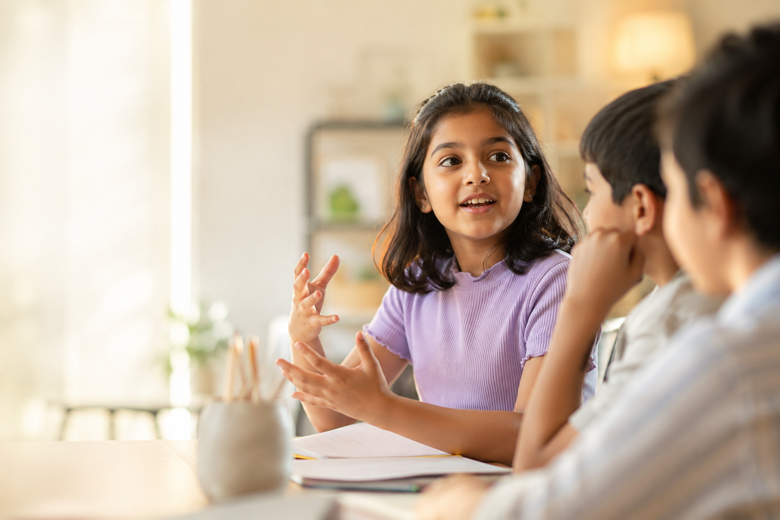Confident child speaking in front of a group after HOSS personality development classes