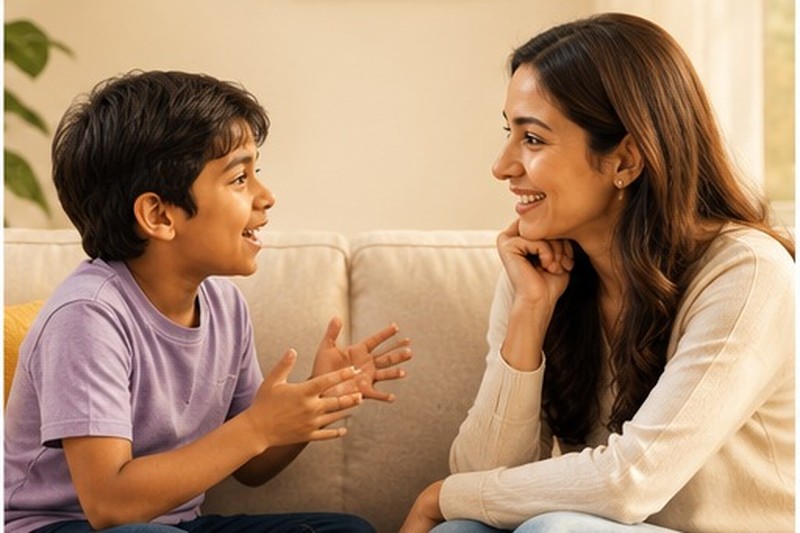 A mother and son talking animatedly on a sofa, the boy leaning forward mid-sentence and the mother listening with a warm, delighted smile