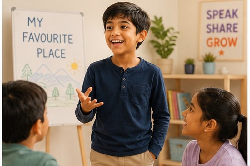 A boy standing confidently at a whiteboard labelled "My Favourite Place", speaking to two seated classmates, a "Speak Share Grow" poster behind him