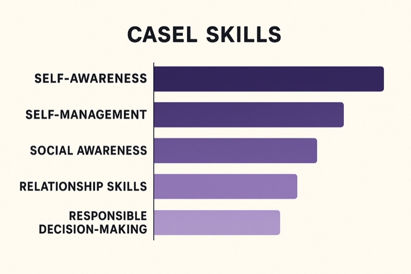 A bar chart showing the five CASEL soft skills: self-awareness, self-management, social awareness, relationship skills, responsible decision-making