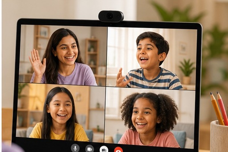 A laptop screen showing a four-way video call with a teacher and three children, all smiling and engaged