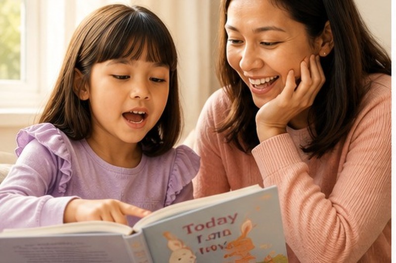 Close-up of a child's finger tracing under a line of text in an open storybook, warm desk-lamp light