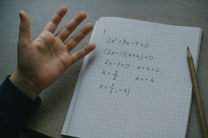 A child's hand gesturing mid-explanation beside an open notebook with a worked-out maths problem